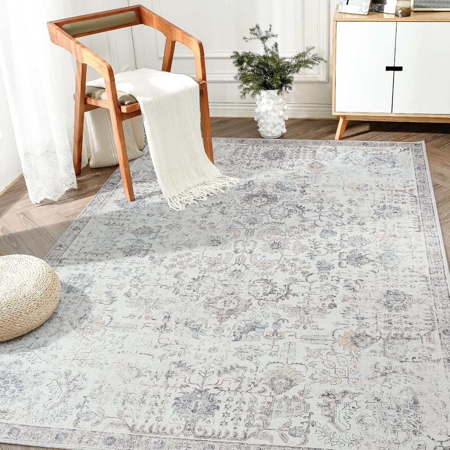 Rugs, Pads & Protectors - jinchan Area Rug 8x10 Vintage Rug Indoor Flodable Thin Rug Gray Retro Accent Rug Distressed Carpet Grey Multi Floral Print Country Boho Rug Non Slip Kitchen Bedroom Living Room Dining Room Office