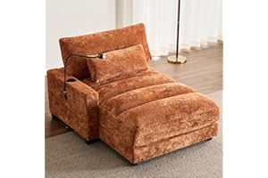 IHDKO Oversized Chaise Lounge Chair Indoor, Comfy Lounge Sleeper Sofa with USB Ports, Cup & Phone Holders, Chenille Cloud Reading Chair Bed for Living Room, Bedroom, Office (Orange)
