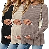 JoyMotion 3 Pack Women's Maternity Shirts, Ribbed Long Sleeve Pregnancy Sweaters Tunic Pleated Tops Crew Neck Casual Blouses