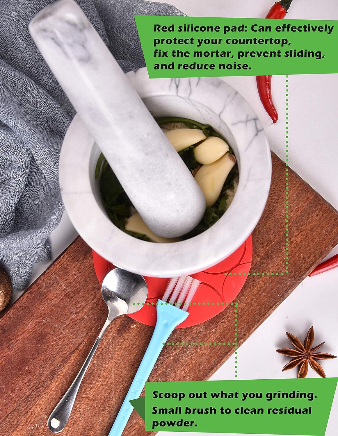 Mortar and Pestle Marble Set for Spices Pestos Seasonings Pastes Guacamole Bowl Herb Grinder Easy to Clean INCLUDED:Silicone Mat, Brush, Stainless Steel Spoon 4.33inch(Small, White Gray): Kitchen & Dining