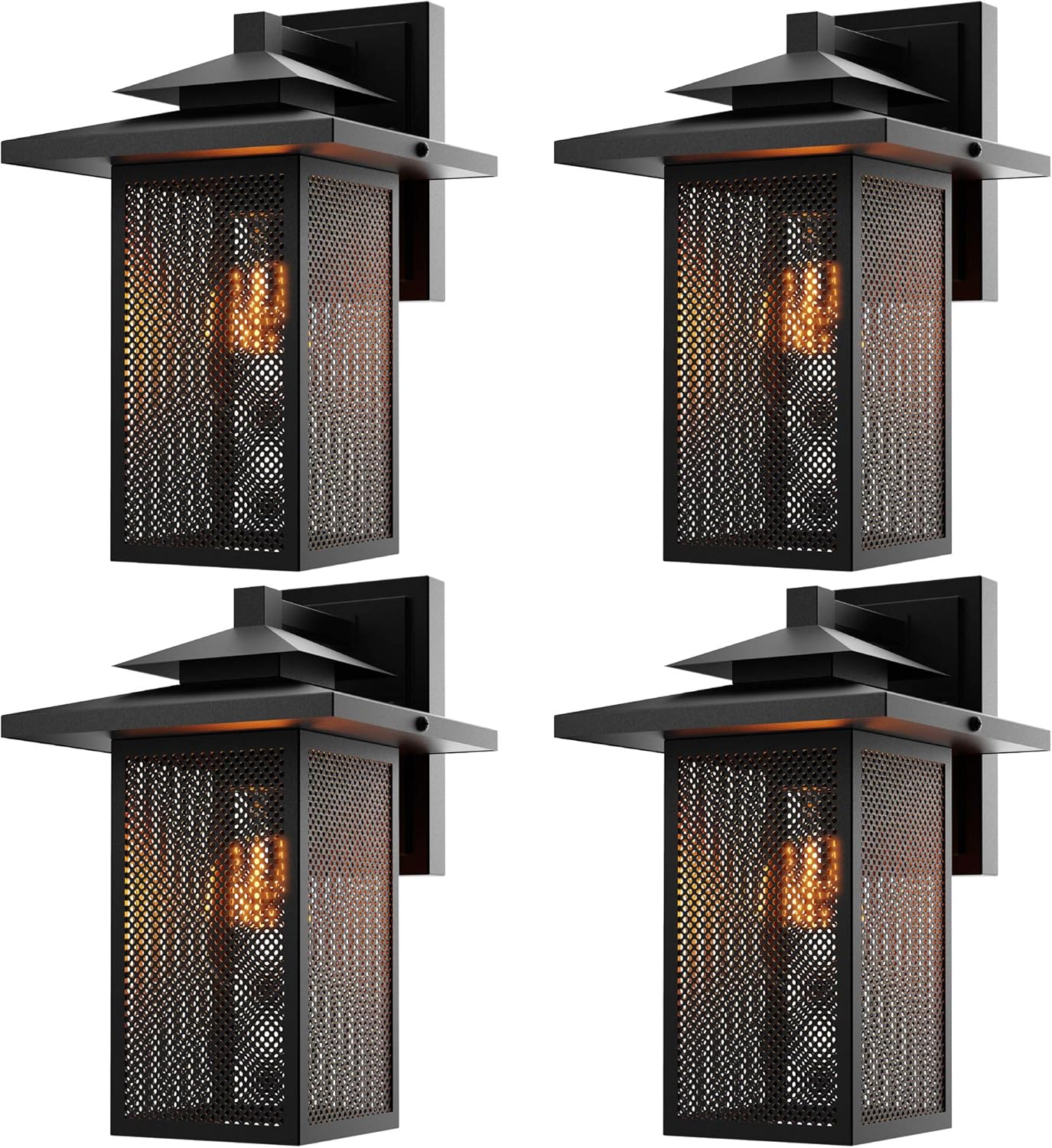 Sunco Lighting 4 Pack Cage Wall Sconce, Matte Black, Steel Mesh Shade, Dusk-to-Dawn Photocell Sensor, E26 Base, Outdoor Lantern, Waterproof, Suitable for Porch, Patio, Entryway