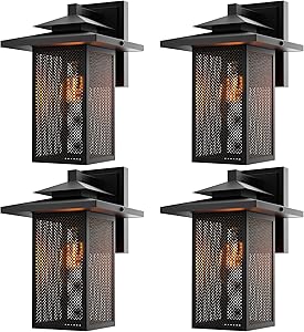 Sunco Lighting 4 Pack Cage Wall Sconce, Matte Black, Steel Mesh Shade, Dusk-to-Dawn Photocell Sensor, E26 Base, Outdoor Lantern, Waterproof, Suitable for Porch, Patio, Entryway