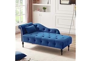 HomJoones Tufted Upholstered Velvet Rolled Arm Chaise Lounges Indoor Chair, Right Arm Facing Chaise Lounge with Nailhead Trim and 1 Pillow,for Living Room Bedroom Office (Blue)