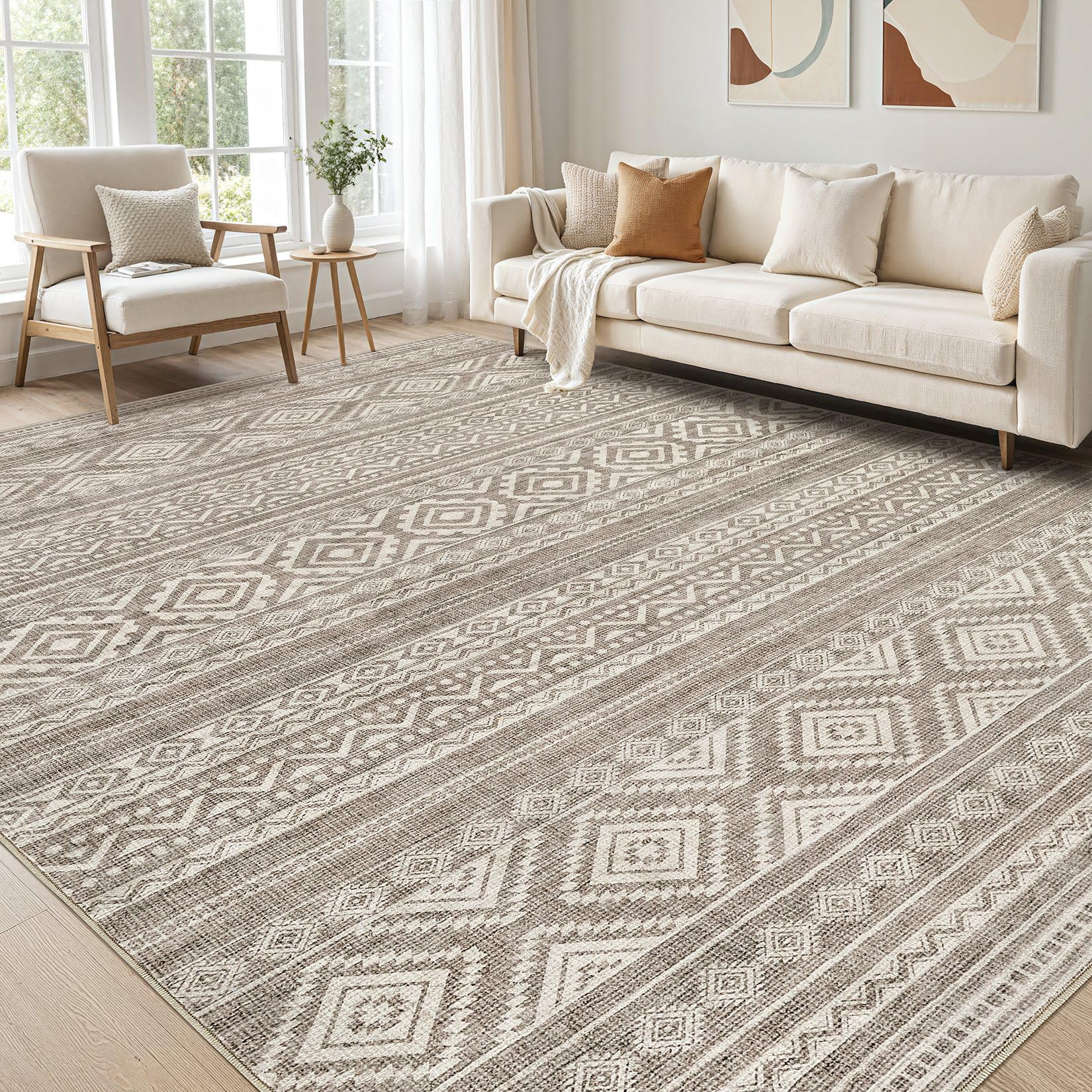 cotiled 5x8 Area Rug for Living Room, Washable Non-Slip Large Area Rug, Indoor Floor Carpet Low Pile Soft Boho Farmhouse Rug for Bedroom Dining Room （Coffee Brown，5x8） Image