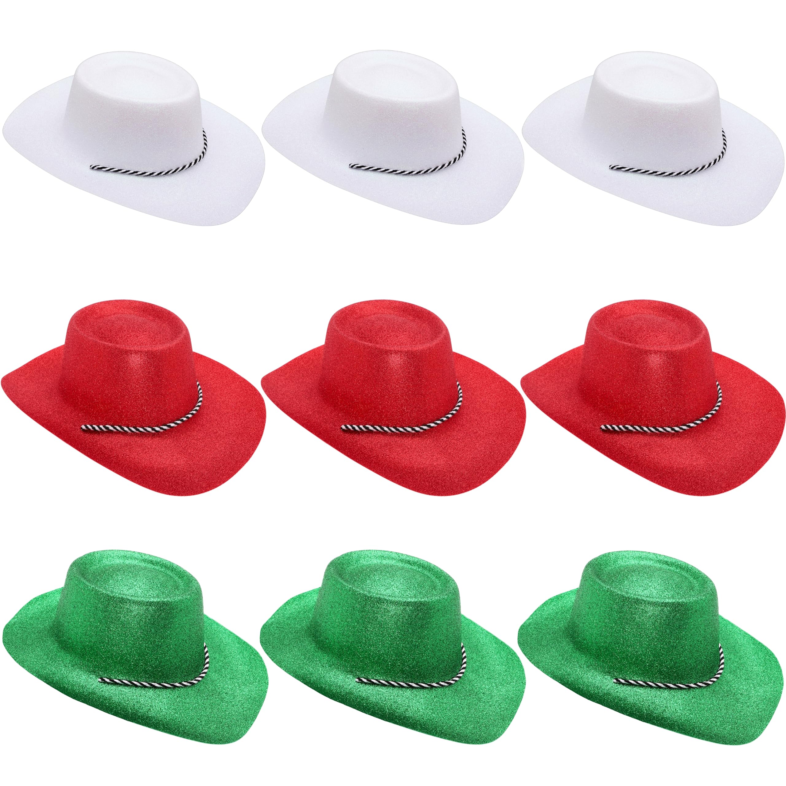 Toyland® Pack of 9 Glitter Cowboy Hats - 3 White, 3 Red & 3 Green- Size 34cm (13") - Perfect for Euros, World Cup & Olypmics