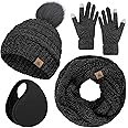 Winter Hat Scarf Gloves and Ear Warmer, Warm Knit Beanie Hat Touch Screen Gloves Set Winter Gifts Neck Scarves for Women