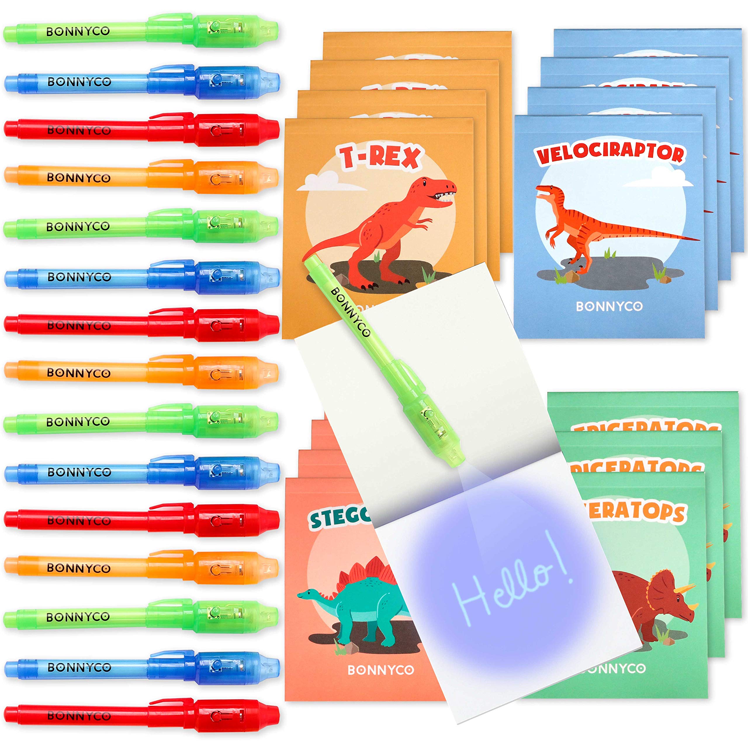 BONNYCO Invisible Ink Pen and Notebook, Pack 16 Dinos Party Bags Filler and Pinata Toys. Dinosaurs Birthday Decorations, Stocking Fillers for Kids Birthday. School Prizes, Gifts for Children