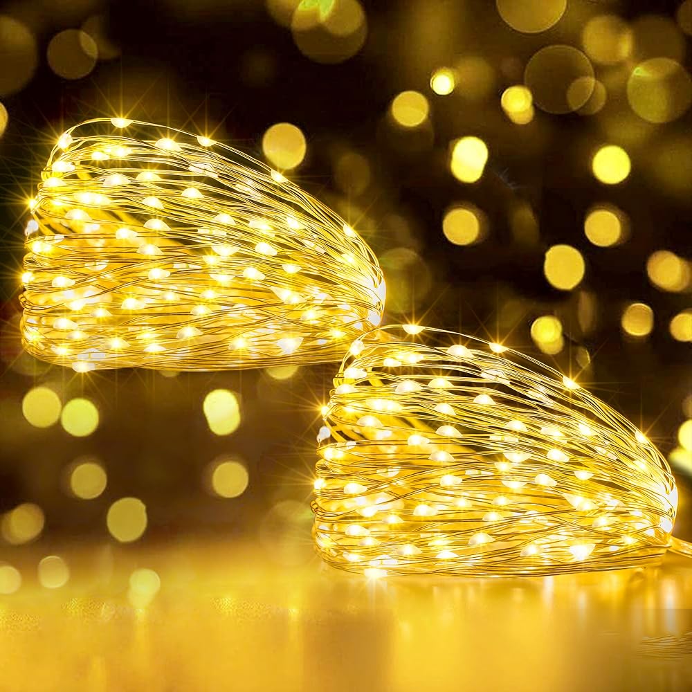 Ollny 2 Packs 5m 50 LED Fairy Lights Battery Operated Warm White Copper Wire