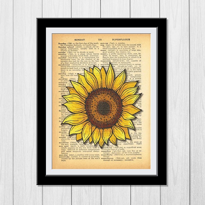 Sunflower Dictionary Wall Art Prints - Gift Idea for Fall October Halloween House Warming Christmas Holidays - Decor Vintage Print Dictionary Wall Art Pictures Paintings UnFramed…