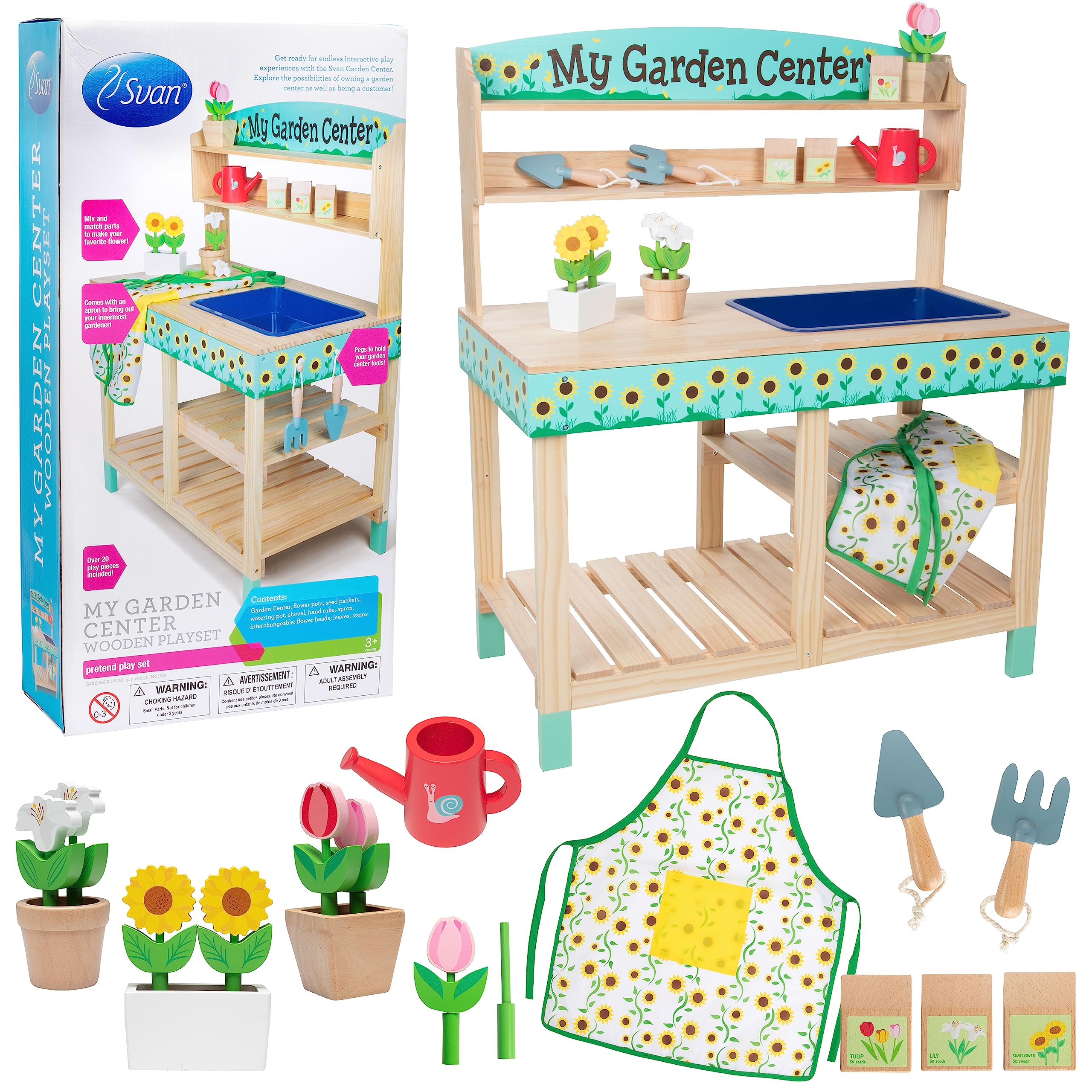 Svan Wooden Toy Gardening Center Indoor Playset - 22 Pc Garden Stand Set w Flowers, Seed Packets, Pots, Shovel Rake Apron Watering Pot- Great Interactive & Fun Pretend Playtime, Gift for Boys Girls