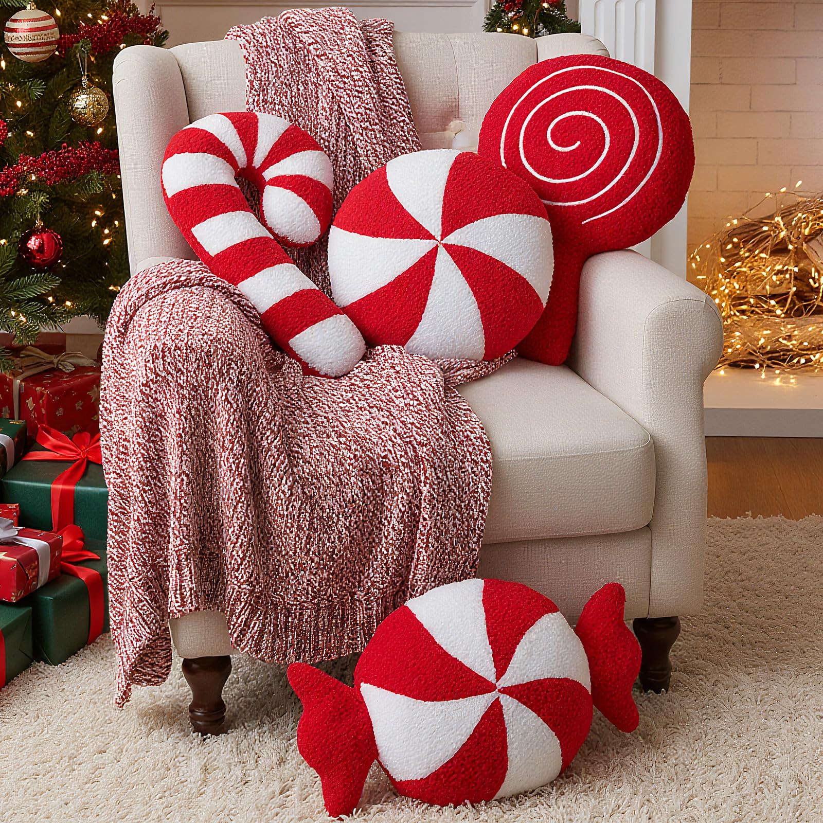 Photo 1 of Threehoney 4 Pack Christmas Candy Shaped Pillows Xmas Decorative Cushions Candy Cane Throw Pillows Red White Peppermint Cushion Winter Home Couch Sofa Bedroom Decoration Gift 10-14 Inch