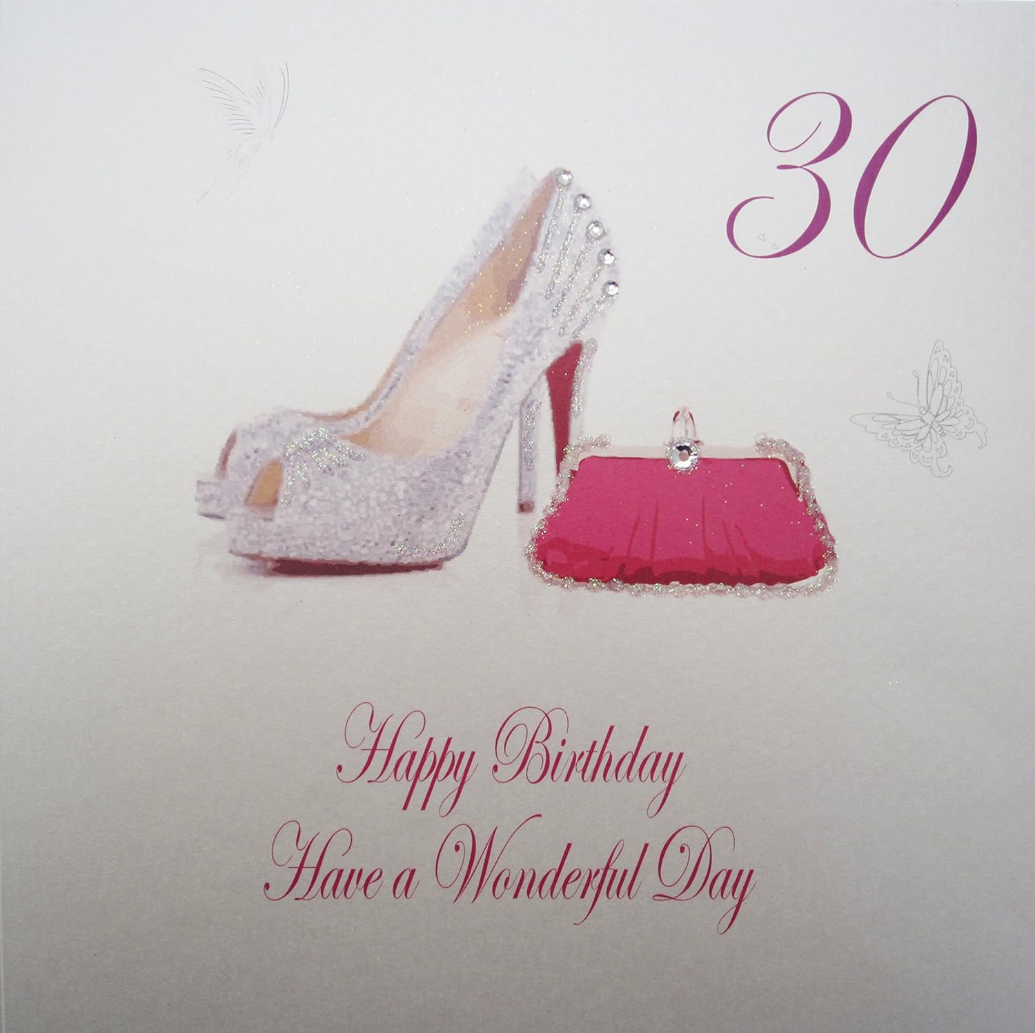 white cotton cards 30 Happy Wonderful Day, Handmade Large 30th Birthday Card (Shoes & Bag), fabric, Pink, 22cm x 22cm