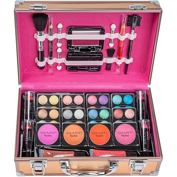 SHANY CARRY ALL MAKE UP TRAIN CASE WITH PRO MAKEUP SET, BEAUTY BRUSHES, LIPSTICKS, EYE SHADOWS, BLUSHES, POWDERS, AND MORE – REUSABLE COSMETICS STORAGE ORGANIZER – PREMIUM GIFT PACKAGING – ROSE GOLD