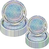 CEILIWEN Holographic Party Plates - 100 Pieces, 7" & 9" Iridescent Rainbow Disposable Dinner Plates