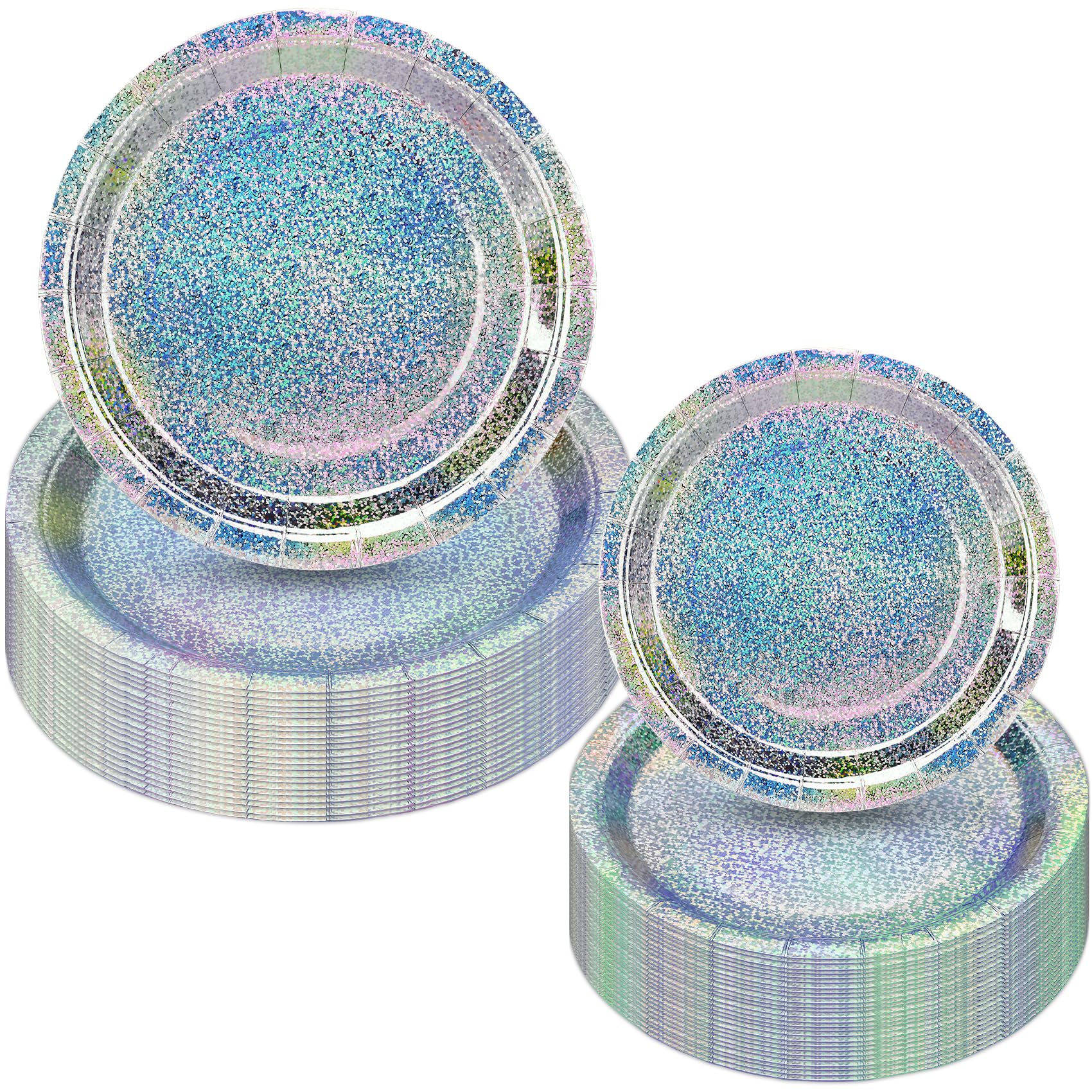 100 Pieces Holographic Dinner Plates - 7" and 9" Iridescent Rainbow Party Plates (Iridescent Color, 7''50PCS+9''/50PCS)