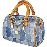 Mini Small Denim Purse Jean Boston Barrel Bags Quilted Checkered Top Handle Canvas Tote Crossbody bags Satchel Handbag for Women,Blue