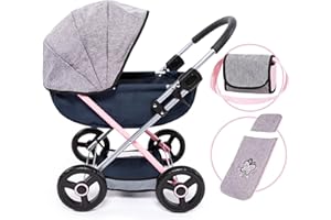 Bayer - Dolls Pram Cosy Grey Pink Butterfly - Baby Doll Stroller for Dolls with Bag, Blanket, Cushion, Foldable - Dolls Up to