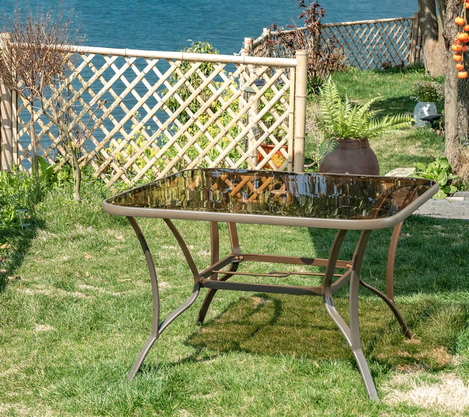 40" Outdoor Patio Dining Table Metal Square Bistro Coffee Table Furniture, Golden Brown Tempered Glass Top with Umbrella Hole: Kitchen & Dining