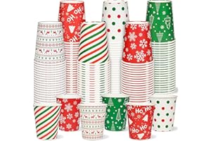 Houuqe 120 Pcs Red Green Christmas Paper Cups Bulk Disposable 9 oz Hot Cocoa Chocolate Cups Christmas Tree Snowflake Elk Coff