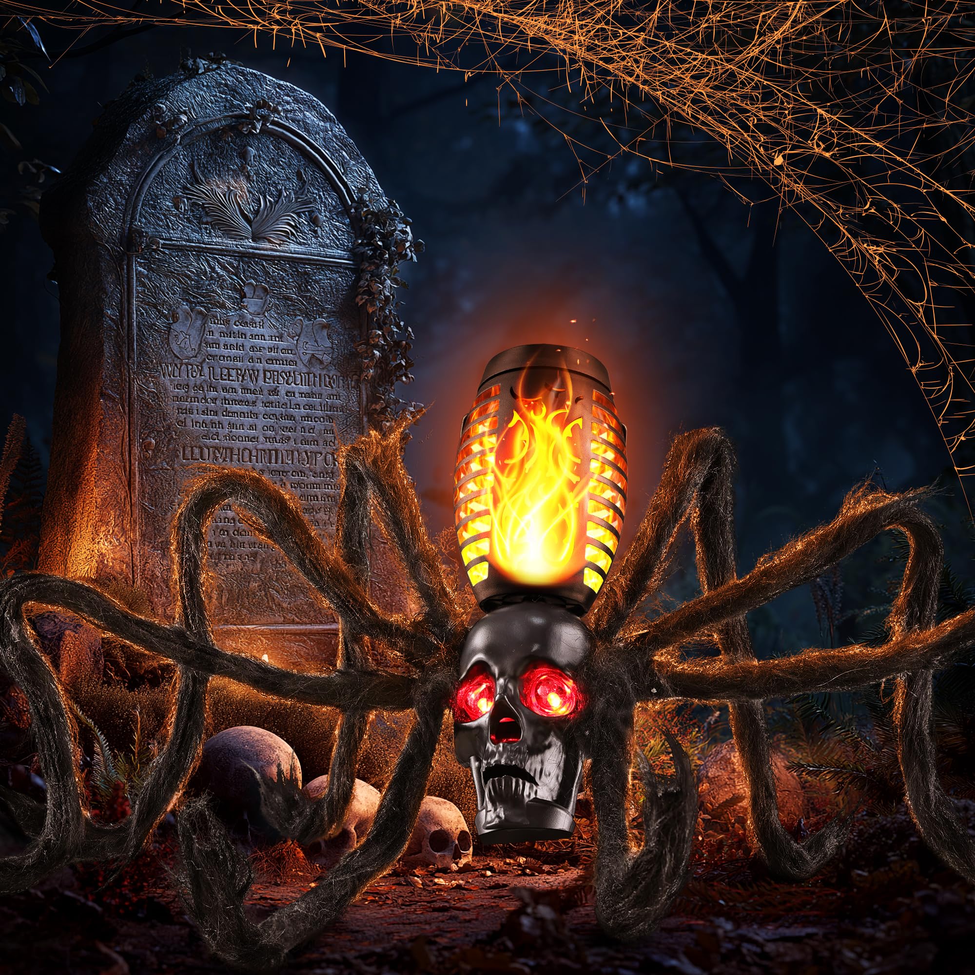 Photo 1 of Halloween Skull Flame Light with 8 Spider Tentacles - Solar Powered Outdoor Lighting Decoration for Halloween Parties, Gardens, and Haunted Displays (Orange, 1 Pack)