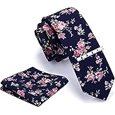 GUSLESON Fashion 2.4"（6cm） Cotton Floral Printed Necktie Tie Clip and Pocket Square Sets + Gift Box