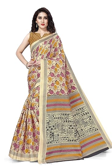 Womens Khadi Silk Floral Prints Saree With Blouse Piece (12501-Cream)