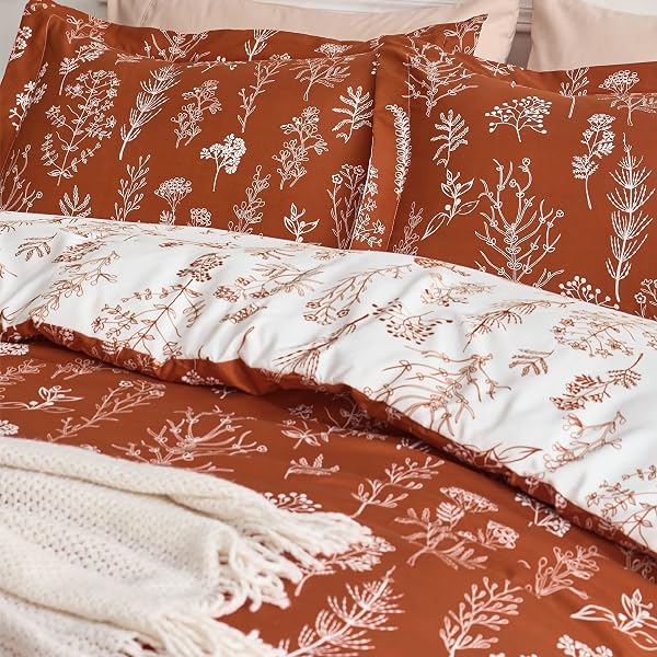 BEDSURE TERRACOTTA QUEEN COMFORTER SET – REVERSIBLE FLORAL BED SET, SOFT SUMMER LIGHTWEIGHT BEDDING FOR BEDROOM, 1 SOFT BOTANICAL FLOWERS COMFORTER AND 2 PILLOW SHAMS