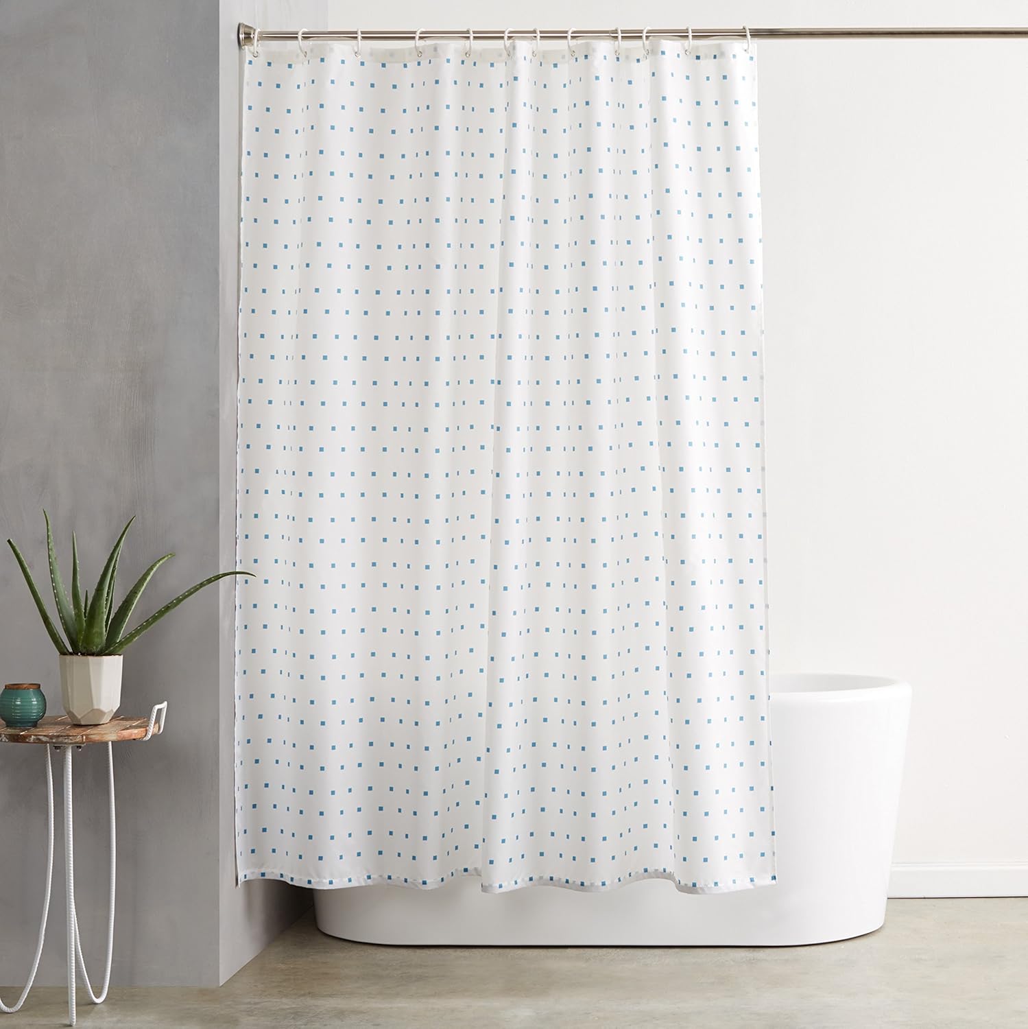 AmazonBasics Shower Curtain with Hooks 72 x 72 inches, Blue Squares