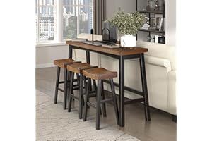 Lexicon Bar Table Set for 3, Small Kitchen Table Set Kitchen Island Table with 3 Saddle Bar Stools, 4 Piece Dining Table Set for Breakfast Nook, Living Room, Apartment, Pub Height, Black/Brown
