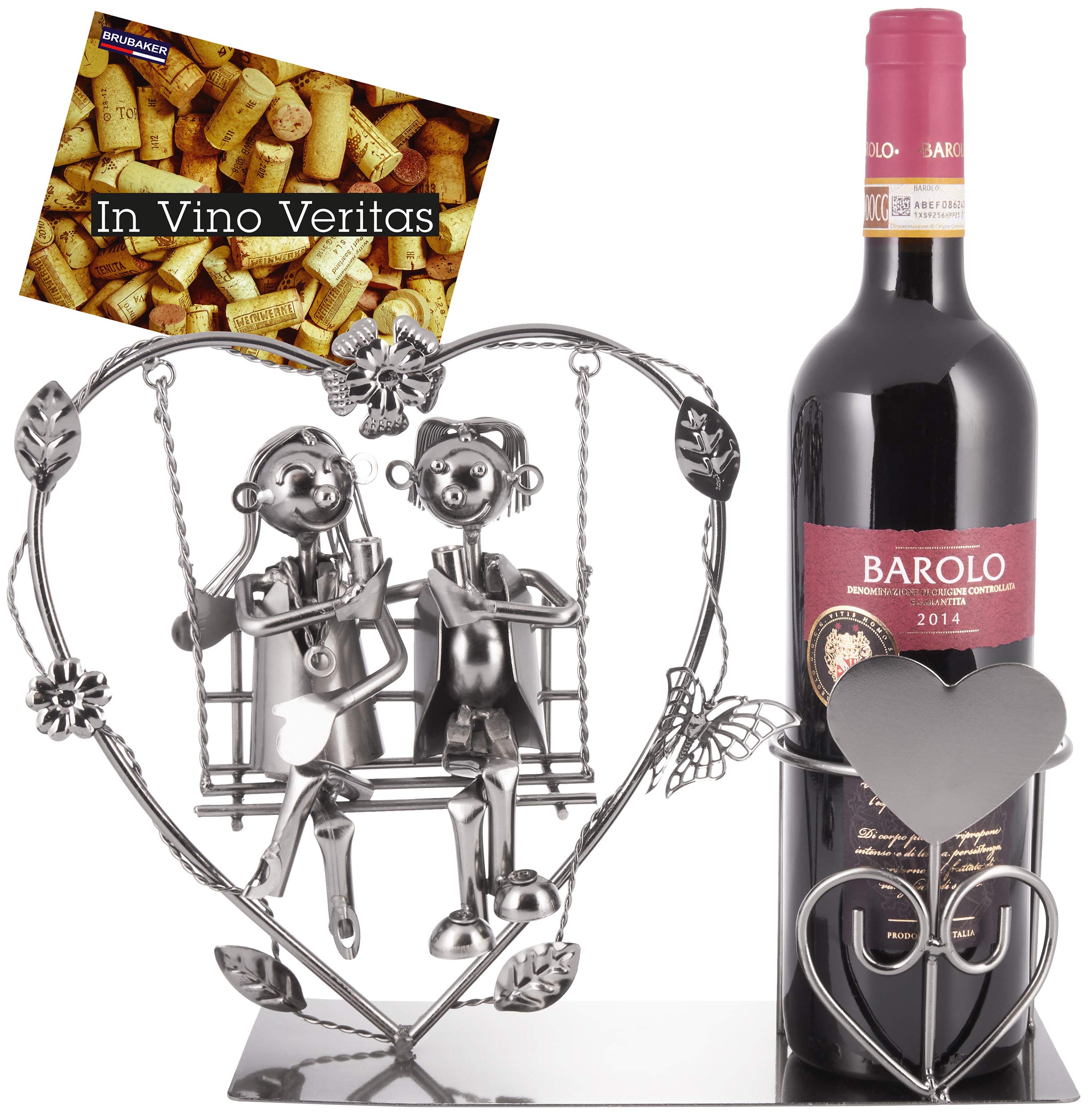 BRUBAKER Bottle Holder Heart - Love Couple on a Swing - Romantic Bottle Stand - Wedding Favours - with Greeting Card for Wine Gift