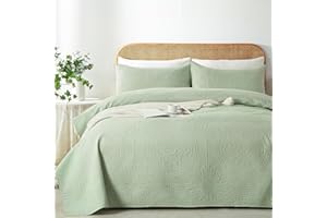WURUIBO Full/Queen Quilt Set Sage Green,Ultrasonic Embossed Bedspread, Lightweight Microfiber Coverlet, Modern Thin Bedding Set for All Season, 3 Piece(1 Quilt,2 Pillow Shams)