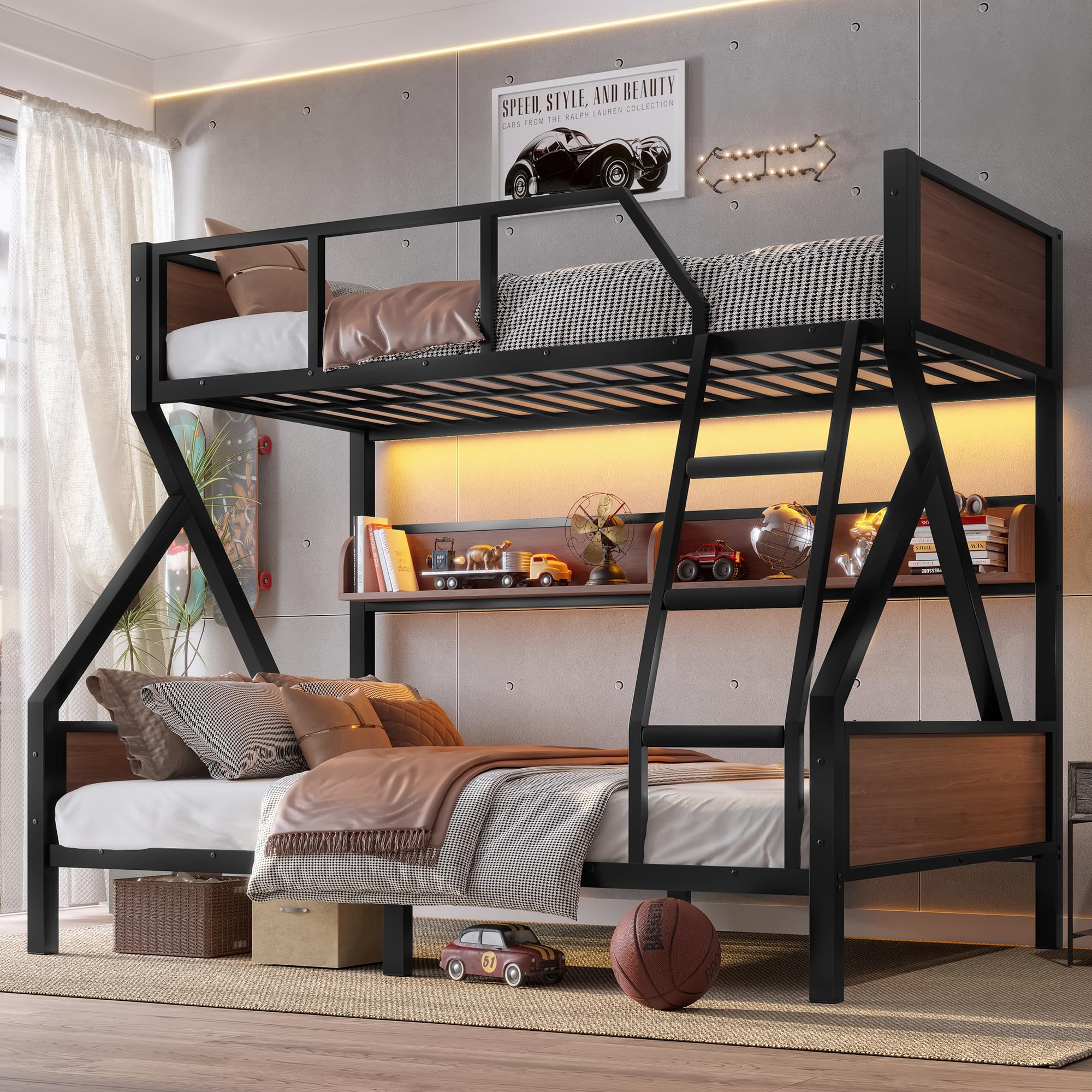Photo 1 of ***PARTIAL SET***
Bellemave Bunk Beds Twin Over Full Size with Storage Shelves & LED Light, Metal Twin Over Full Bunk Bed Frame with Wood Board & Sturdy Slats, Heavy Duty Bed Frame, Noise Free, Black