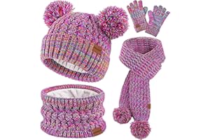HONGTEYA 4 Pcs Kids Winter Hat Gloves Scarf Set, Thicken Warm Toddler Beanie Mittens Neck Warmer Set for Boys Girls 3-15