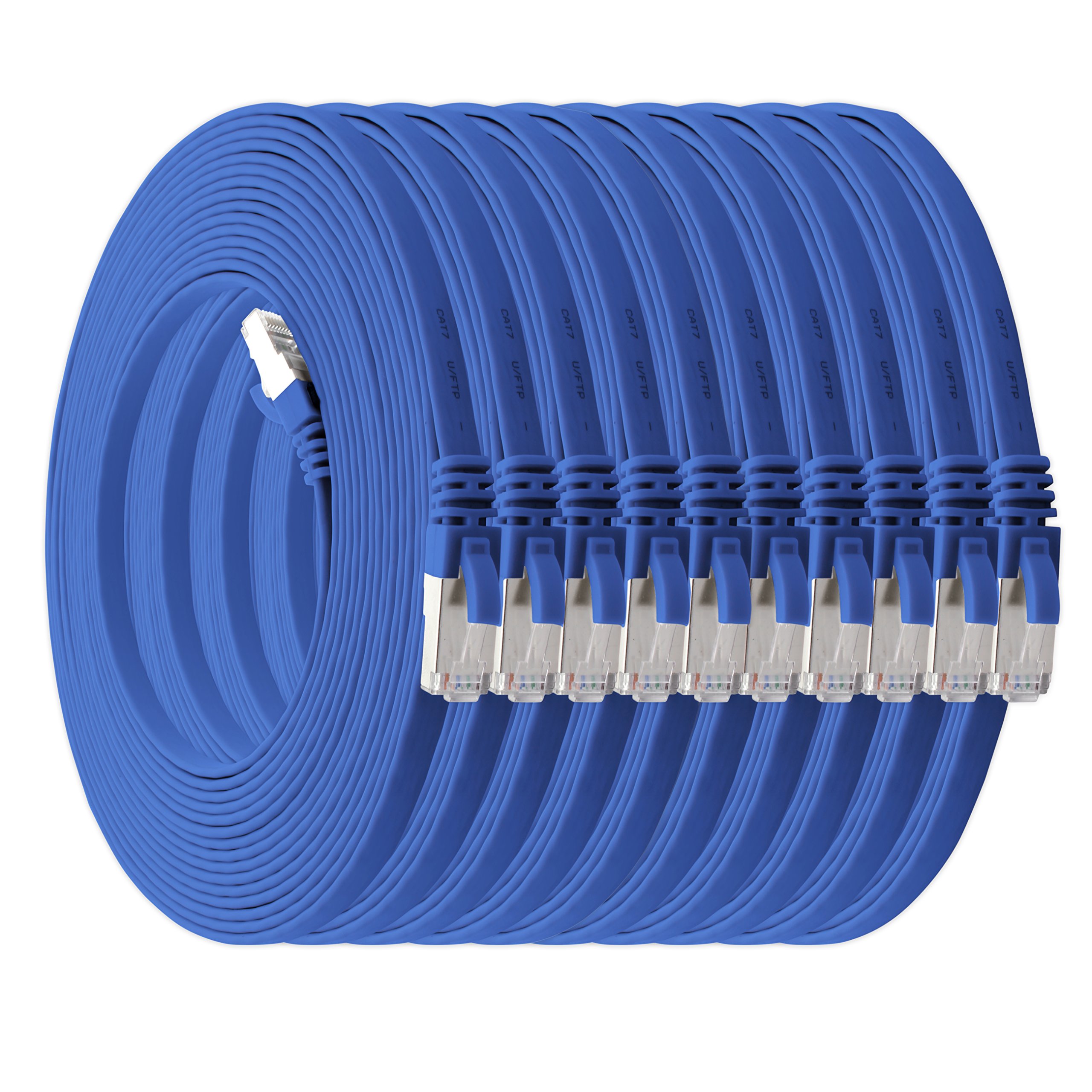 1aTTack.de 7.5 m - blue - pack of 10 Cat7 flat cable network cable Cat 7 raw cable Gigabit Lan (10Gbit/s) ribbon cable installation cable patch cable flat slim Rj 45 plug Cat6a