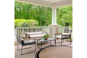 YITAHOME Patio Furniture Wicker Outdoor Bistro Set, 4-Piece All Weather Rattan Conversation Loveseat for Backyard, Balcony and Deck with Wooden Armrest, Gray Cushions and Metal Coffee Table (Black)