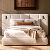 ModernMate Queen Upholstered Bed Frame, Wood Footboard Drawer, Beige | Storage Platform Bed with Extended Headboard, LED Reading Lights, USB&amp;Type-C Charging, No Box Spring Needed, Easy Assembly