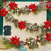 Juegoal Christmas Garland, 9 FT Pre-lit Artificial Xmas Flocked Garlands, Lighted Poinsettia Spruce Garland, Timer & Battery Operated with Lights, for Garden Home Winter New Year Decorations