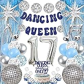 17th Birthday Decorations Balloons Girls - 30 Pcs Dancing Queen Banner Disco Balloon Explode Star Number 17 Cake Topper Pull Flag Fringe Curtains For 17th Young Sweet Girl Birthday Disco Theme Party
