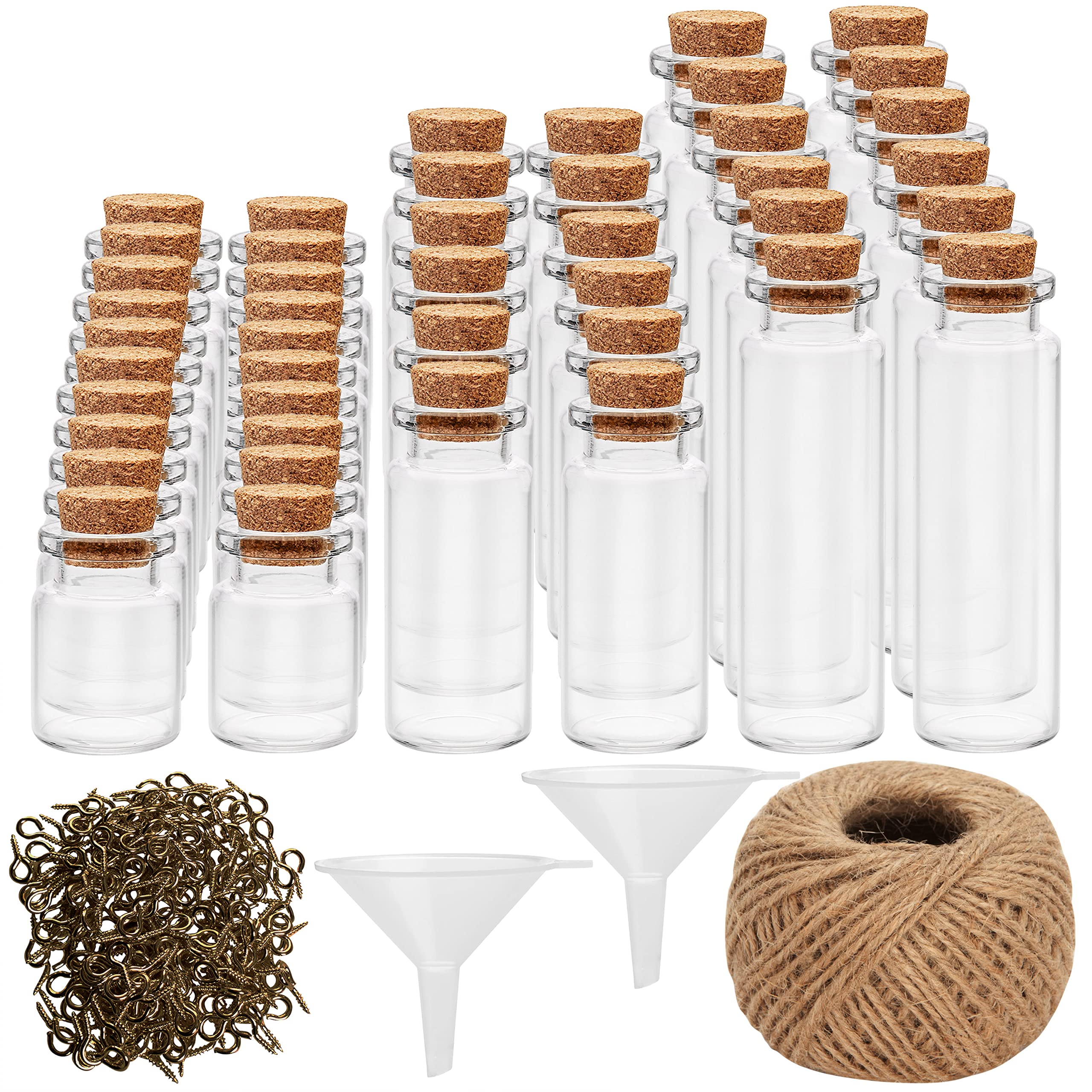 BELLE VOUS Small Clear Glass Jar (Pack of 44) - 5ml, 10ml and 20ml - Glass Jar with Cork Lid - 50 Eyelets and 2 Funnels - Gifts, Decoration and Craft