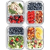 FIT Strong & Healthy Glass Meal Prep Containers, 2 & 3 Compartments - Portion Control, Lunch Container Set, Food Storage, Airtight Lids, Oven & Freezer Safe, Leak-Proof Bento Box, 32 oz, Blue, 4 Pack