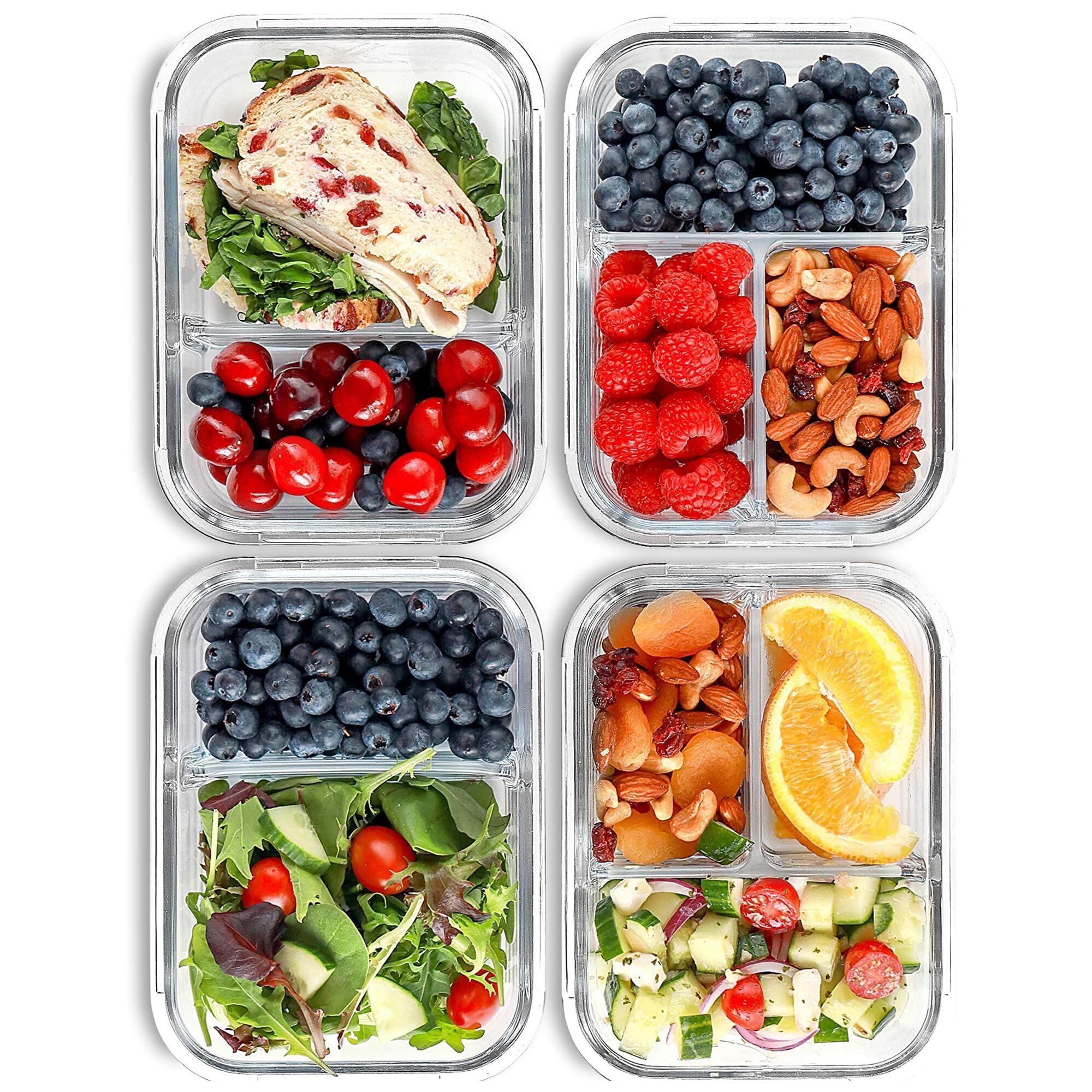 Glass Meal Prep Containers - 2 & 3 Compartment (4 Pack, 1000 ML) with Airtight Lids - Glass Lunch Containers, Portion Control