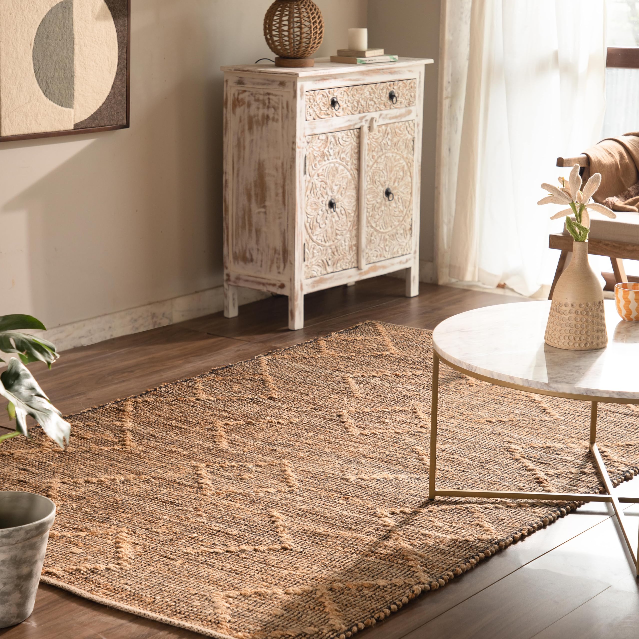 Photo 1 of NATURAL FURNISH Handmade Soft Multi-Purpose Floor Jute Rug Anti Slip Ultra Soft Shaggy Carpet for Sofa Area, Living Room, Office, Bedroom, Guest Room, Kitchen (Light Camel, 8 X 10 Feet)