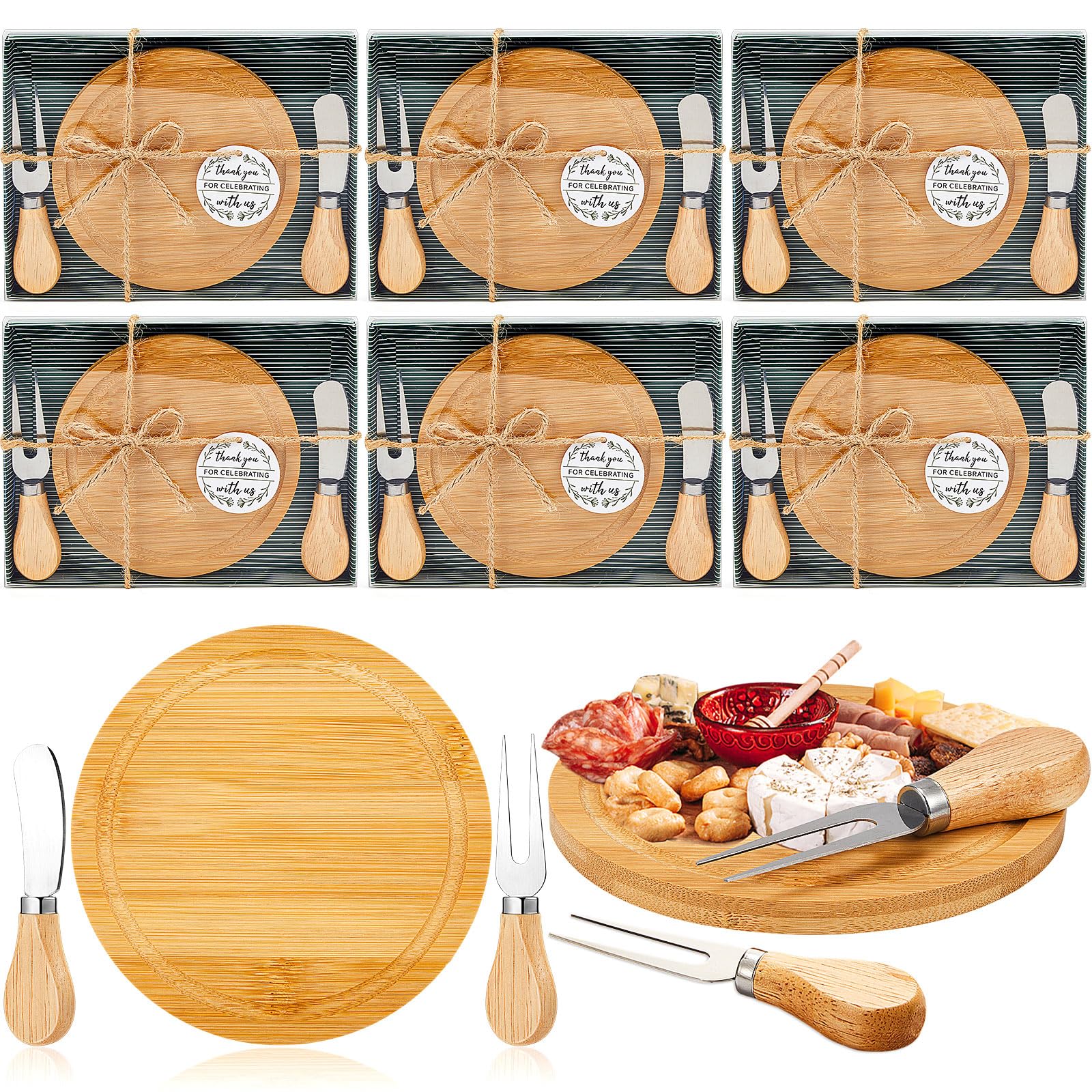 Photo 1 of Maxcheck 6 Sets Baby Shower Bridal Game Prizes for Winners Round Cheese Board Set Wood Mini Charcuterie Board with Knives and Forks Thank You Card with Gift Box for Guests Wedding (Bamboo)