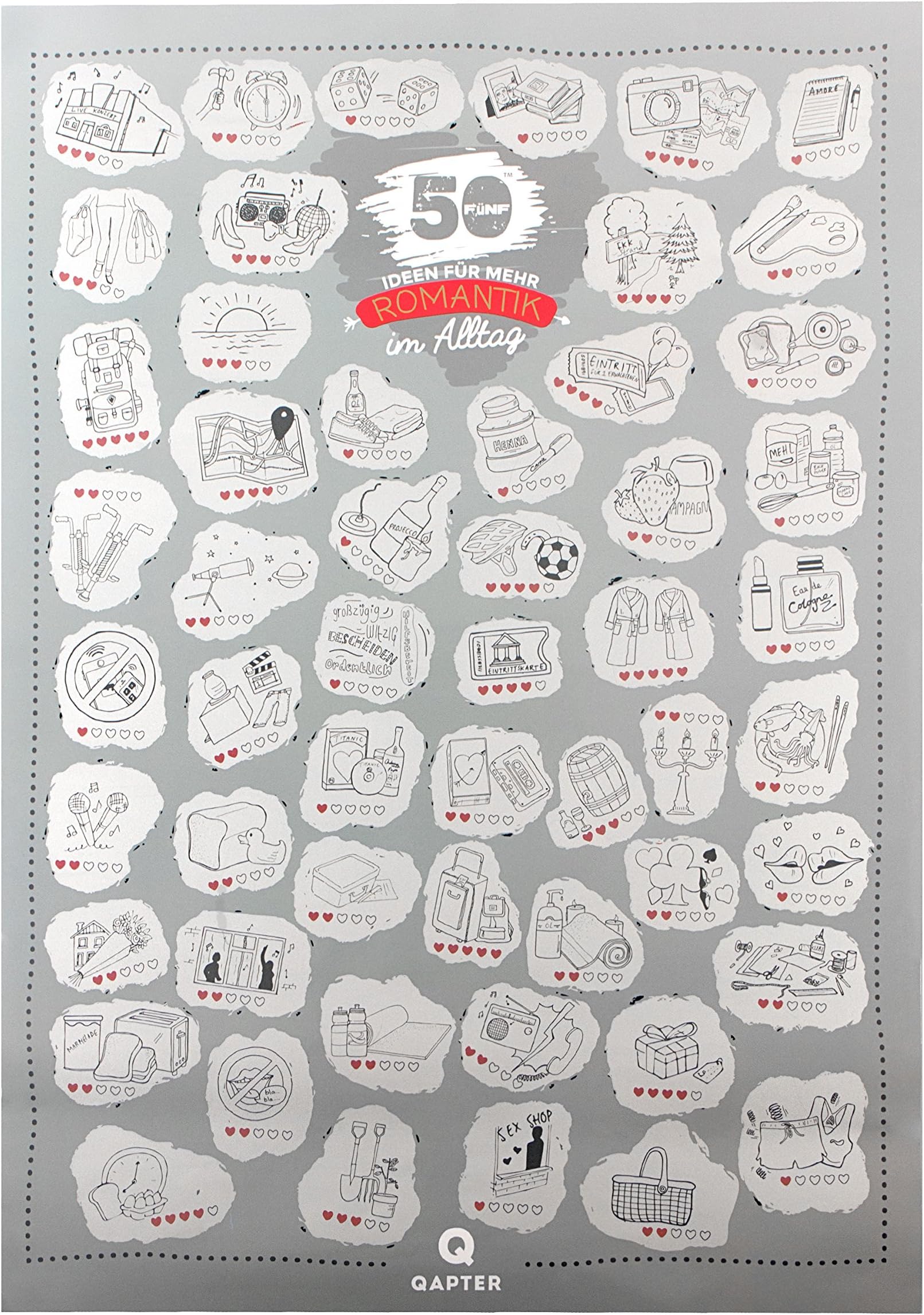 Qapter Scratch Map Poster QA 5736Z-4790 for Couples – 55 Romantic ideas for more everyday Board, Multicolour, 59.5 x 42 cm