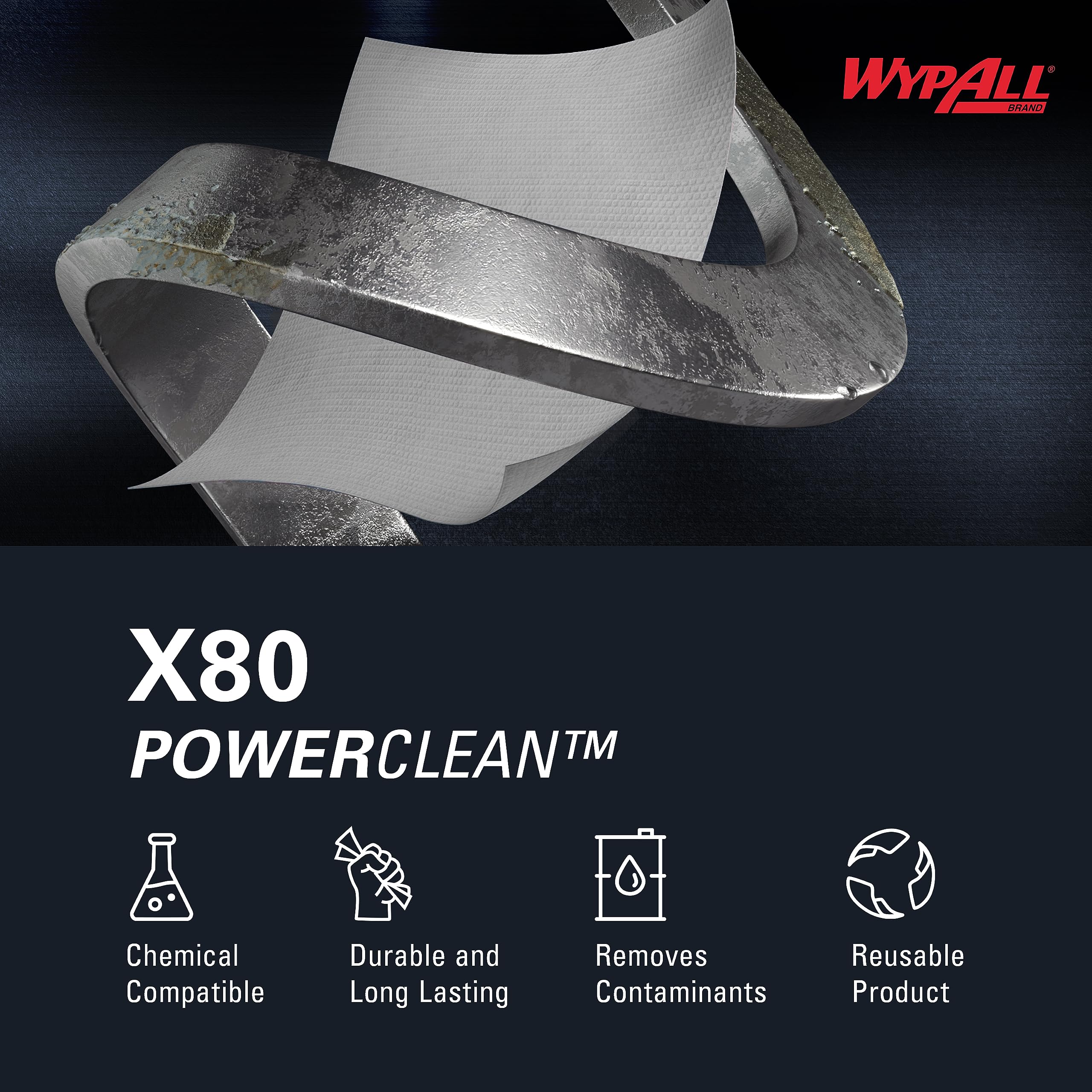 WypAll PowerClean X80 Cloths Heavy Duty Wipes (41025), Jumbo, Extended Use Towels, White (1 Roll of 475 Sheets, 475 Sheet Total)
