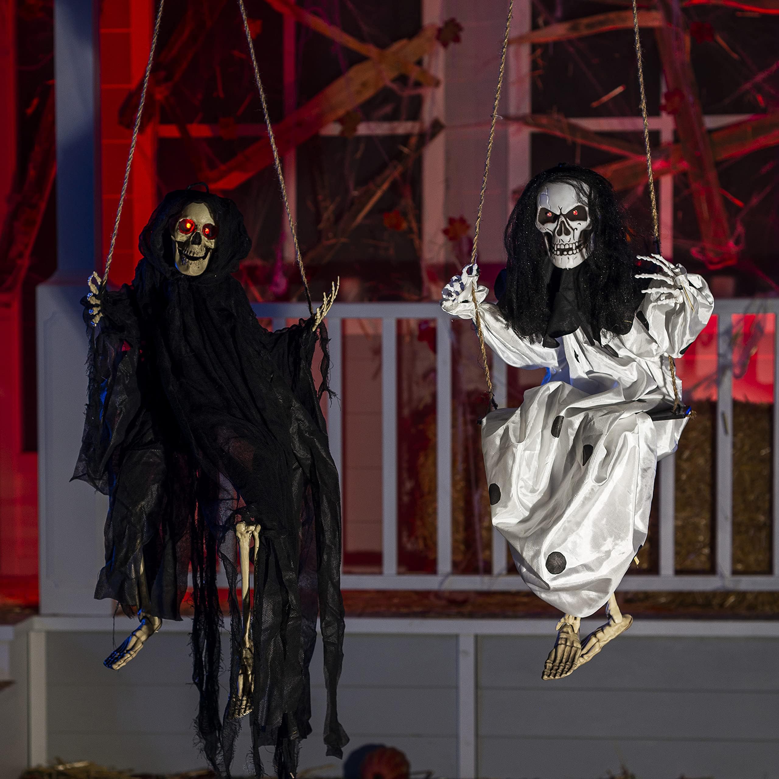 Photo 1 of JOYIN Halloween Scary Decorations Outdoor, 2 Packs Halloween Hanging Swinging Ghosts Decor with Lighted Up Eyes, Creepy Swinging Skeleton Flying Props for Yard Patio Lawn Garden