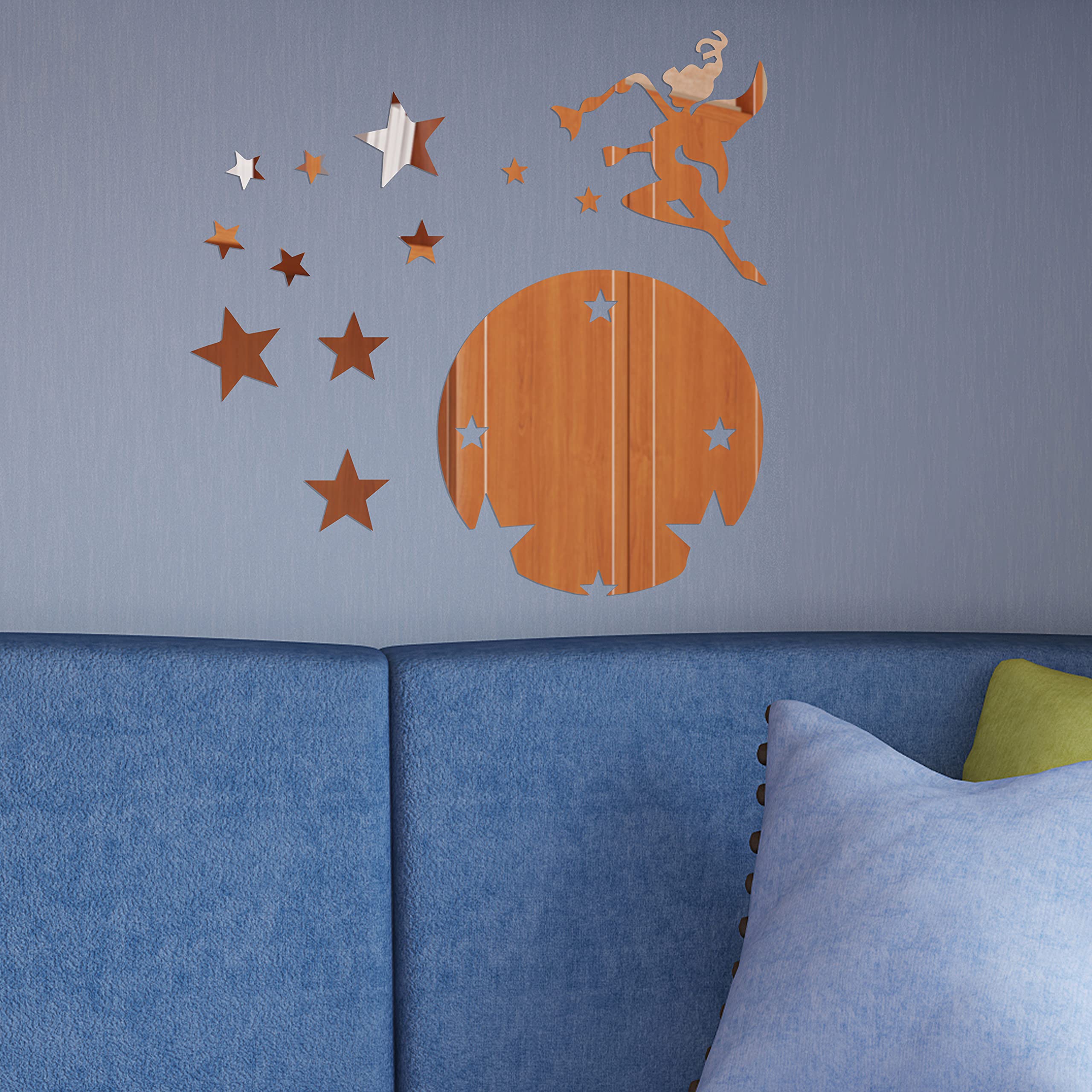 Walplus Mirror Wall Art Flying Fairy Tinker Bell with Stars Round Wall Stickers Removable Self-Adhesive Mural Decals Vinyl Home Decoration DIY Living Bedroom Office Décor Kids Room, Silver