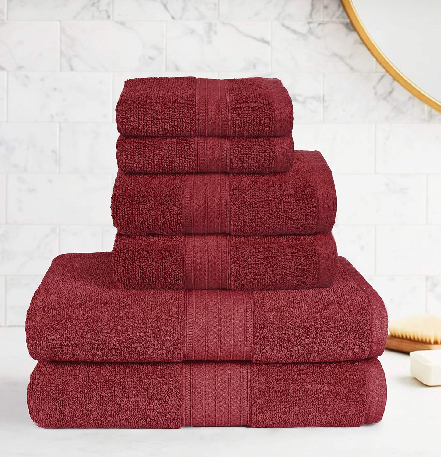 GLAMBURG 6 Piece Towel Set, 100% Combed Cotton - 2 Bath Towels, 2 Hand Towels, 2 Wash Cloths - 600 GSM Luxury Hotel Quality Ultra Soft Highly Absorbent Towel Set for Bathroom - Burgundy: Home & Kitchen