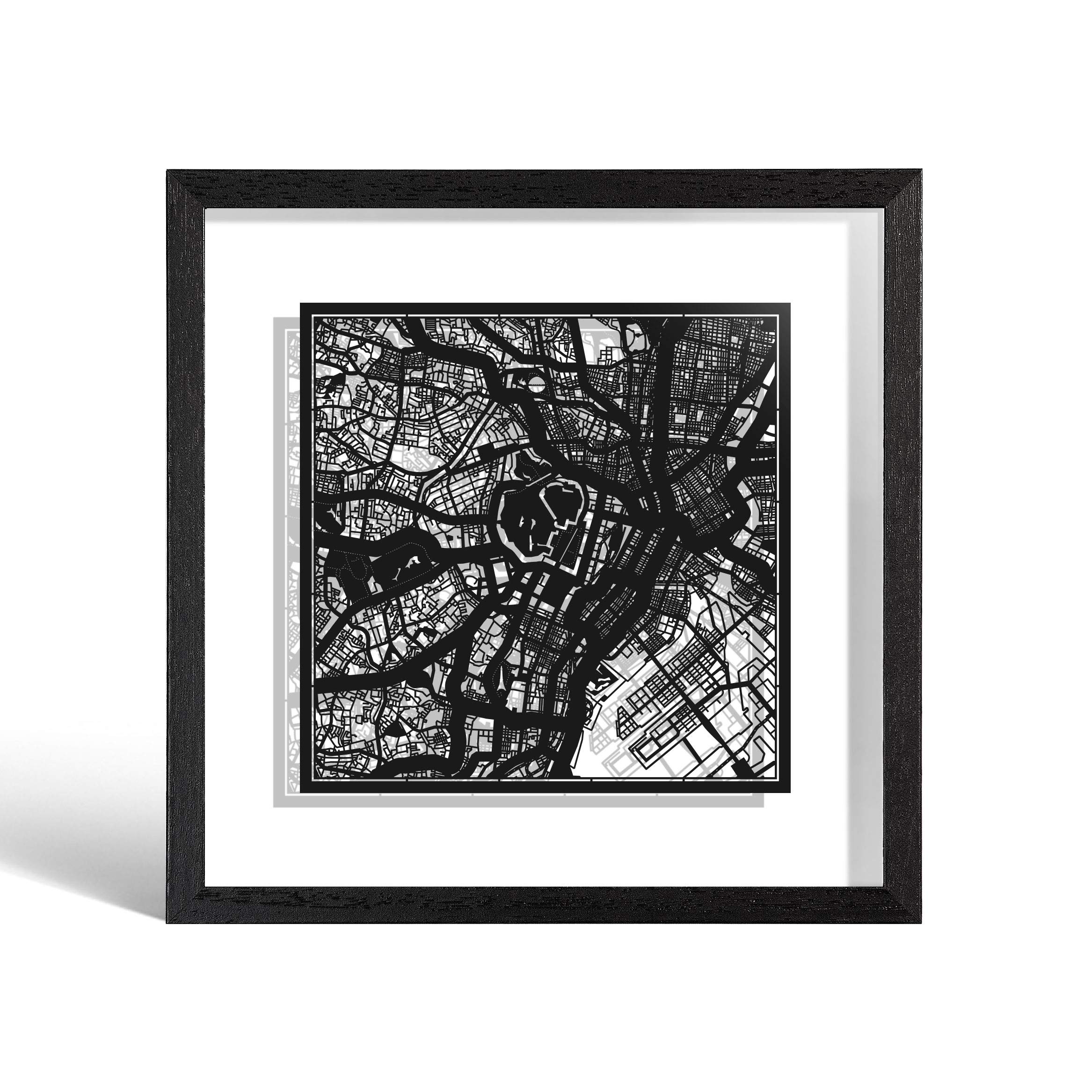 O3 DESIGN STUDIO Tokyo Marco de Papel para mapas, Black map, Black frame, 9x9 inches, Gift Boxed, 2 background color, self-changing, Paper Art