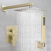 Fransiton Shower Faucet set with Shower head 10 Inches Rainfall Shower Head and Handle Set Single Handle Wall Mounted Shower System Set with Female Threads Valve Body(10", Brushed Gold)